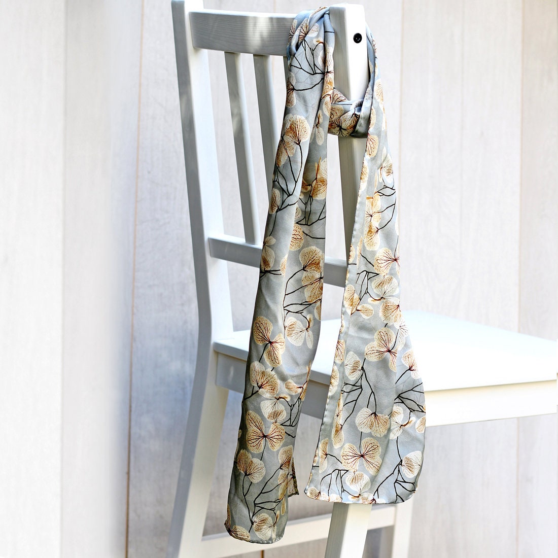 Long Hand roll hemmed Silk Scarf skeletal leaves