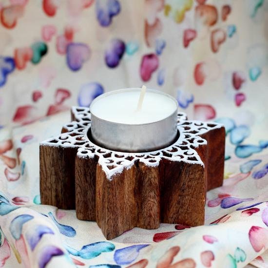 Unique hand carved wooden star tea light holder