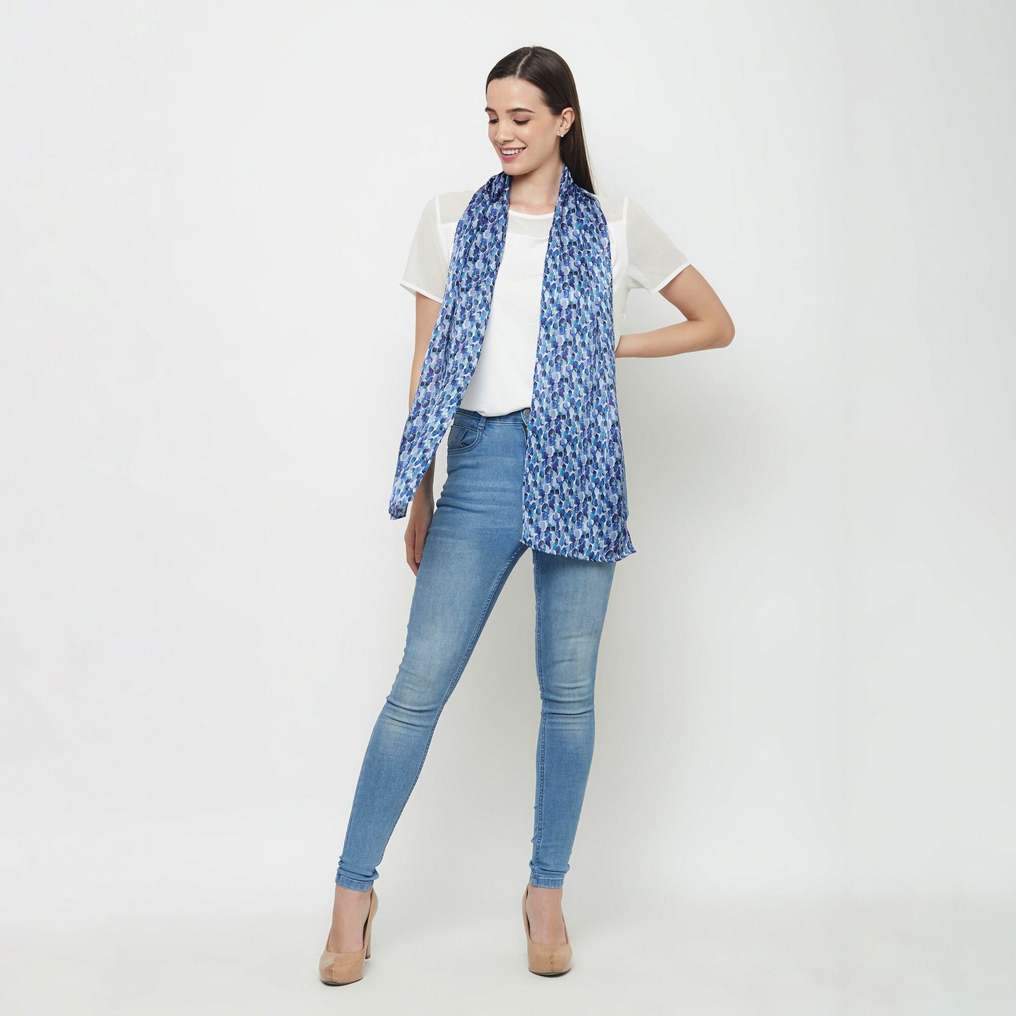 Long Hand roll hemmed Silk Scarf Blue Skies