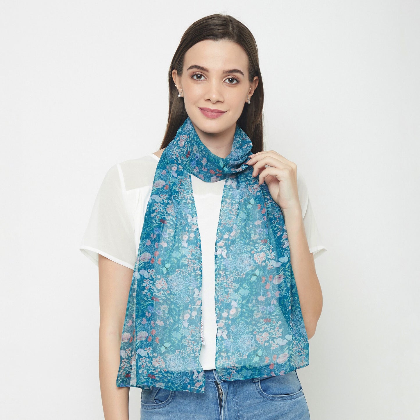 Long Chiffon Silk Scarf Botanical Meadows