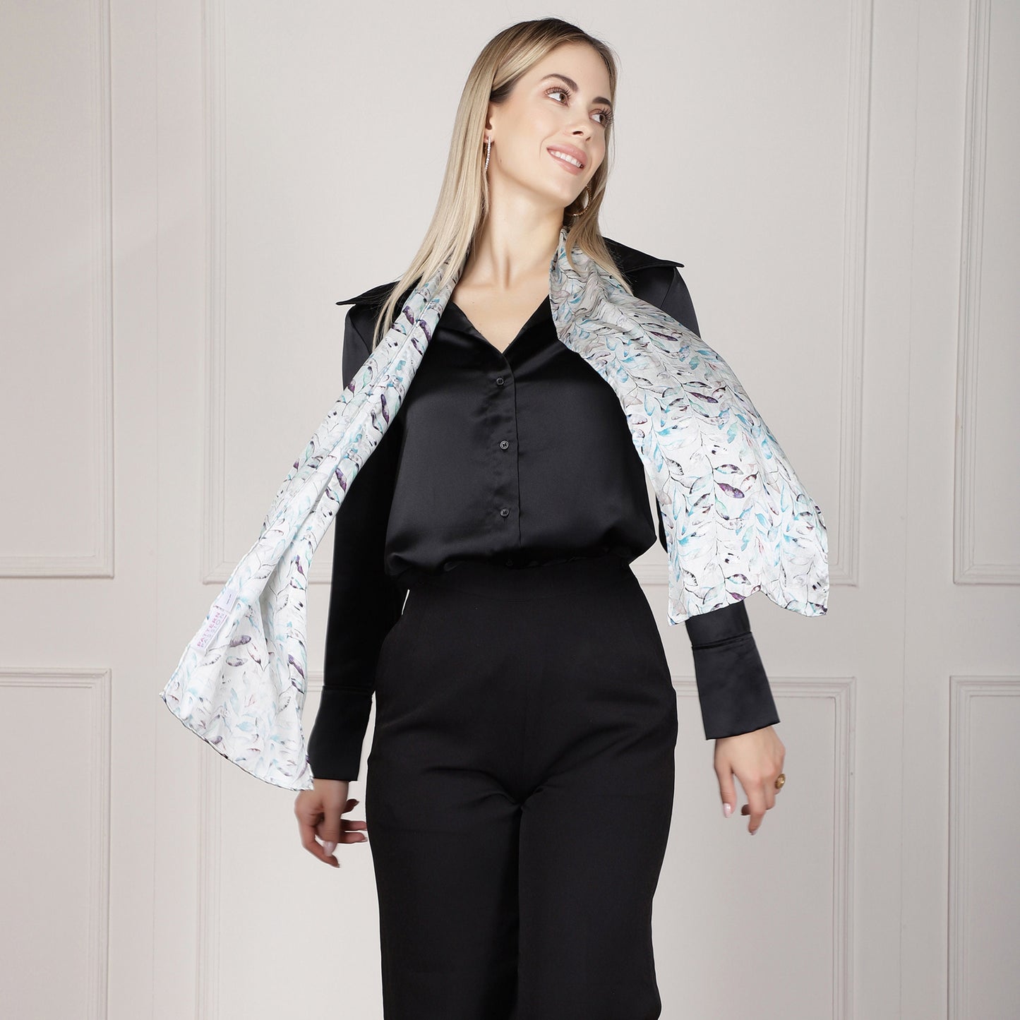 Long Hand roll hemmed Silk Scarf Leaves