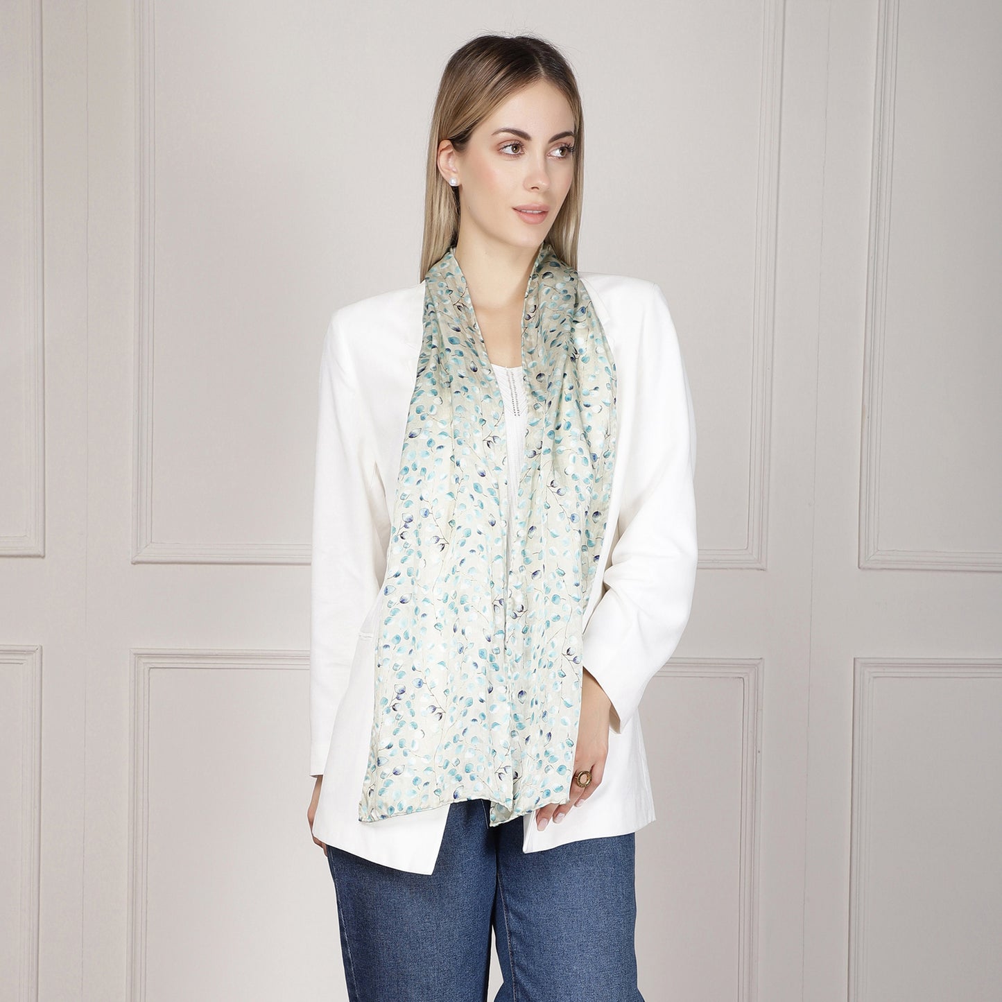 Long Hand roll hemmed Silk Scarf Branches and Leaves Design