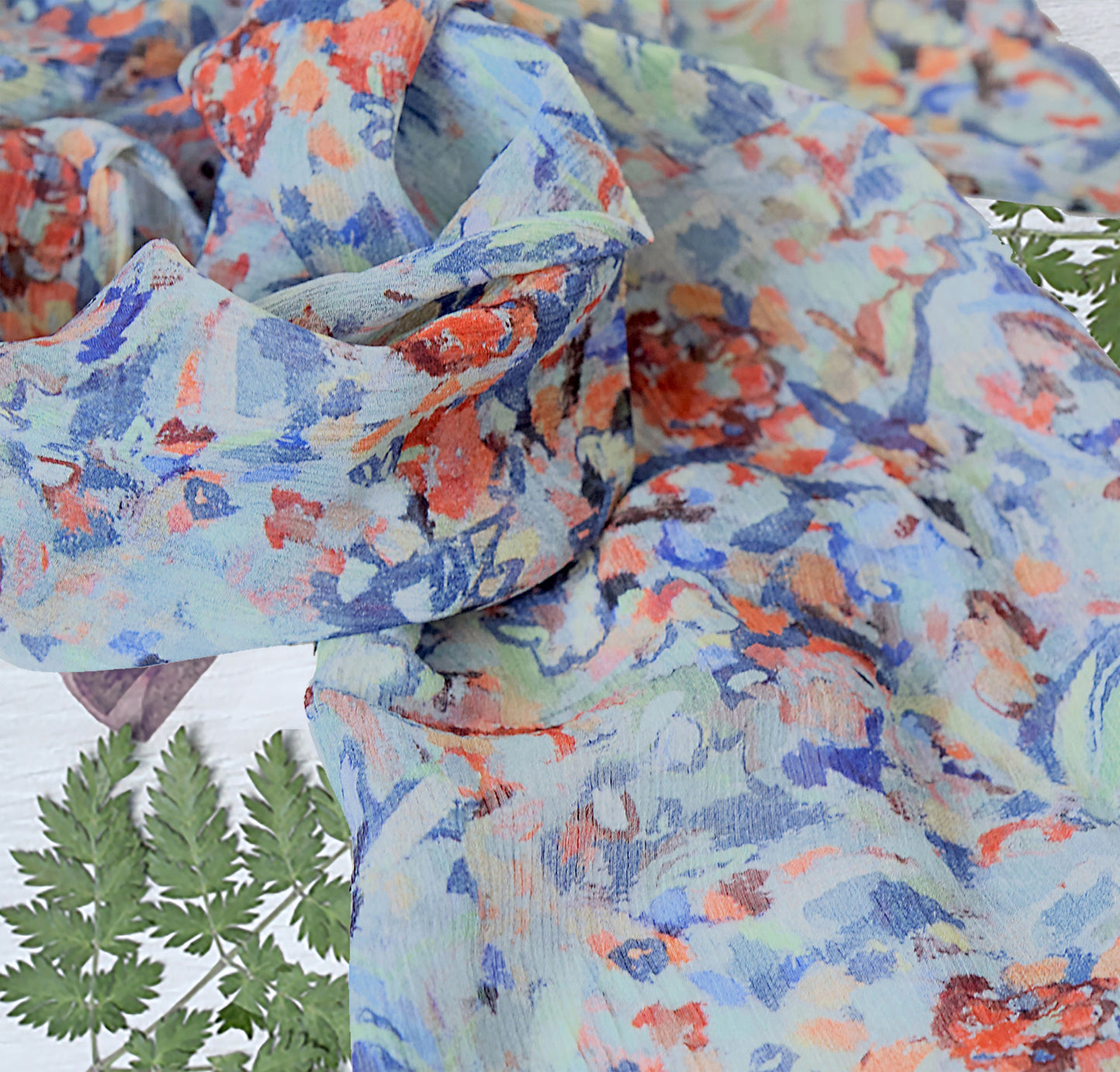 Long Chiffon Silk Scarf Flower Field blue