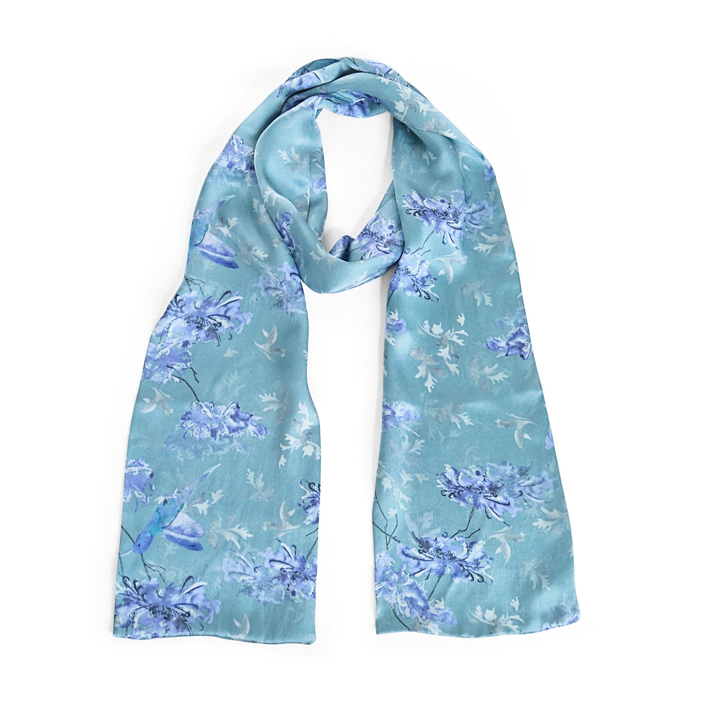 Long Double Sided Silk Scarf Chrysanthemums and Humming Birds