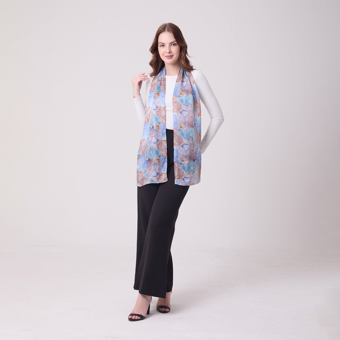 LONG HANDROLL HEMMED SCARF CORALS AND SHELLS