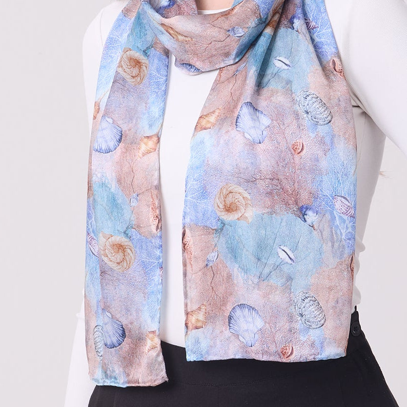 LONG HANDROLL HEMMED SCARF CORALS AND SHELLS