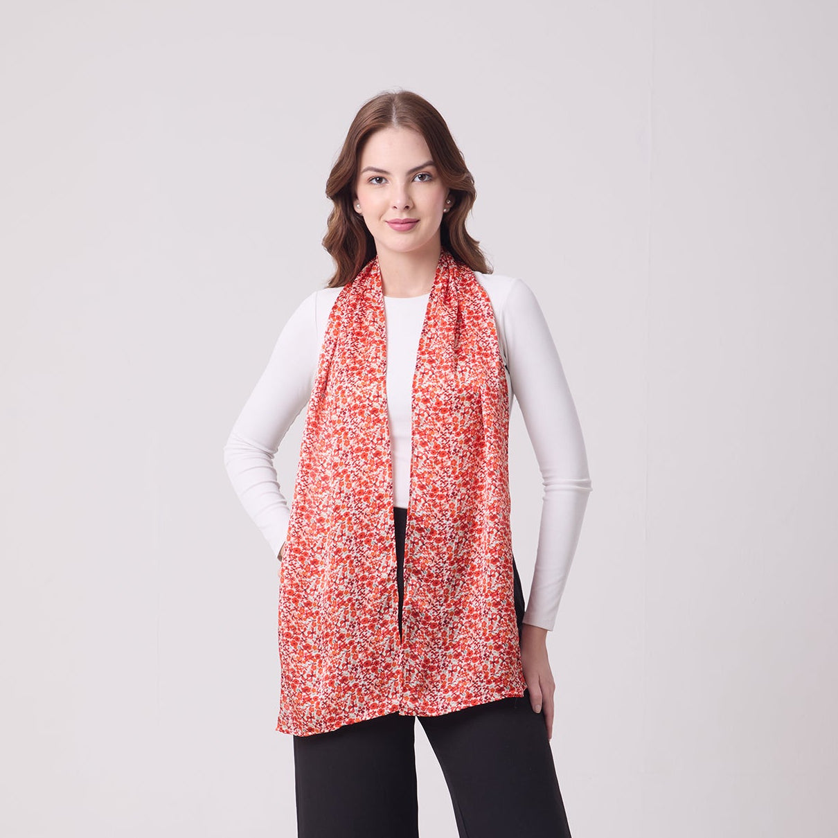 LONG HANDROLL HEMMED SCARF DITSY RED