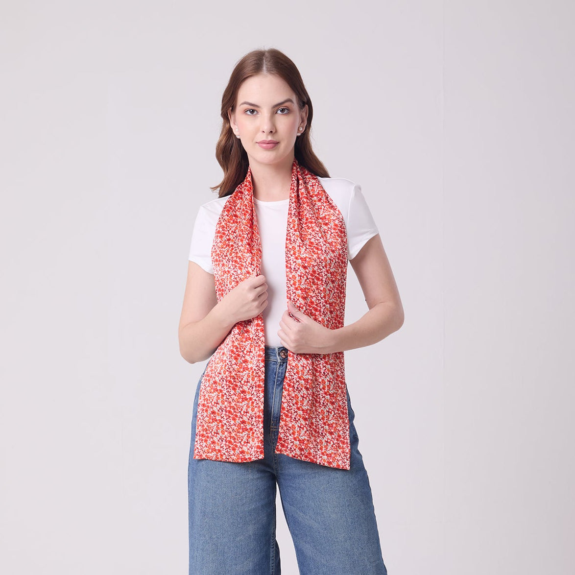 LONG DOUBLE SIDED SILK SCARF DITSY RED