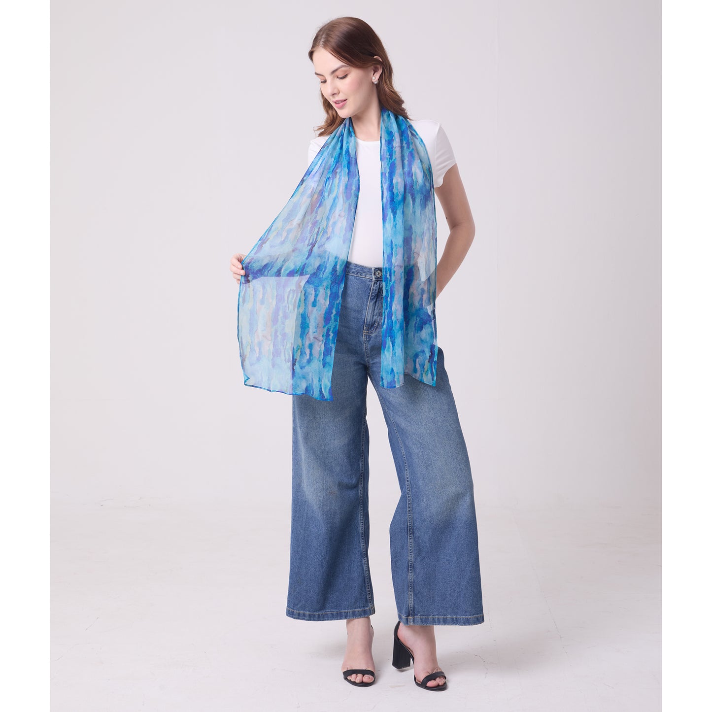 CHIFFON SILK LONG SCARF AQUA