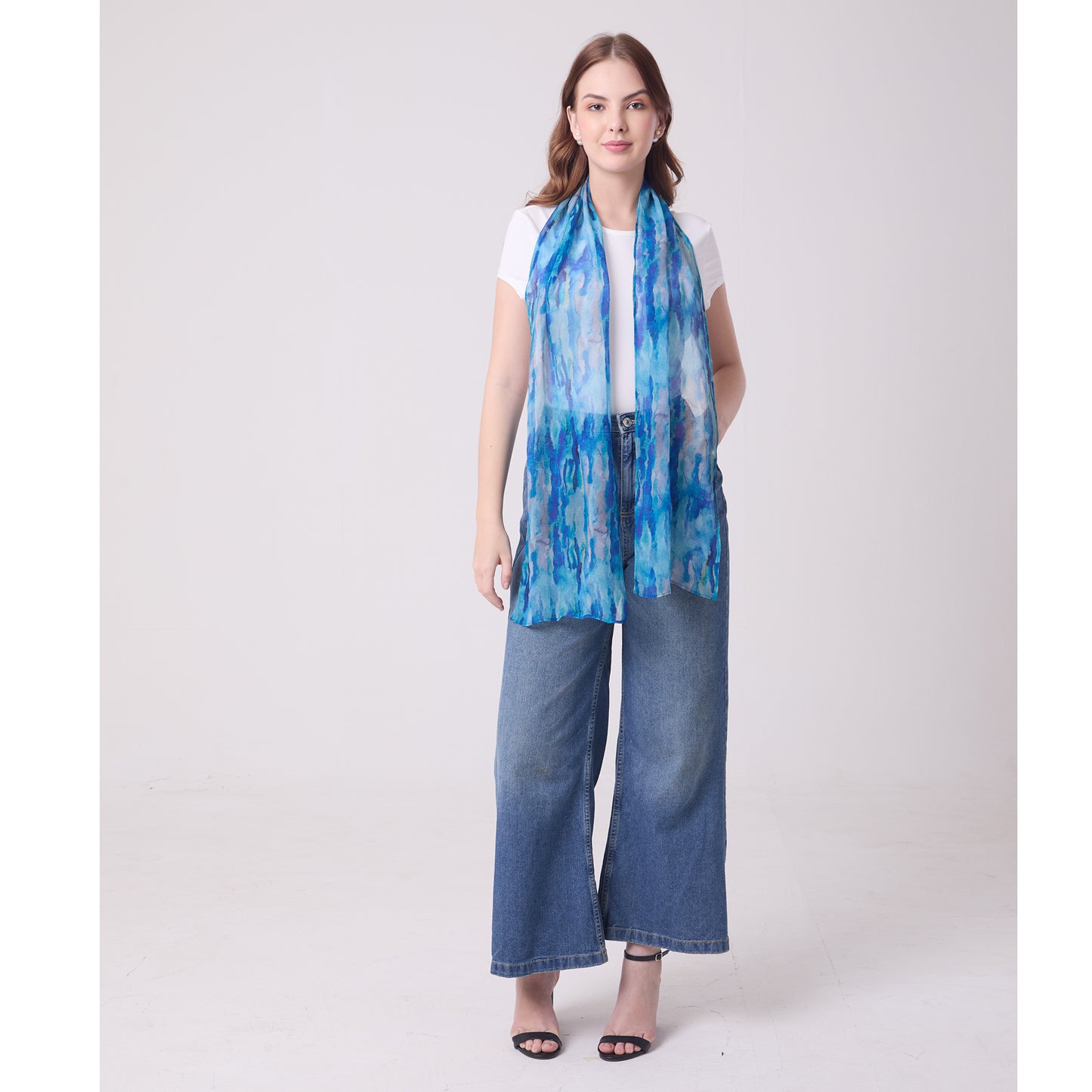 CHIFFON SILK LONG SCARF AQUA