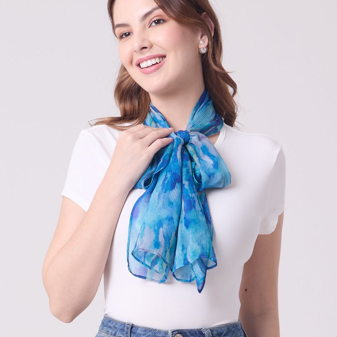 CHIFFON SILK LONG SCARF AQUA