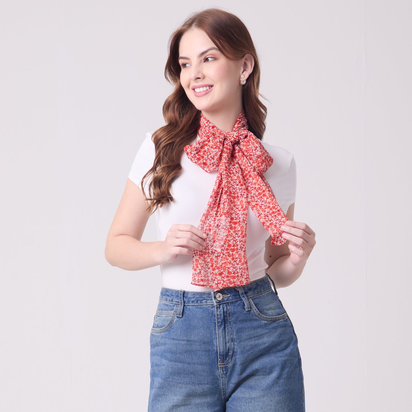 CHIFFON SILK LONG SCARF DITSY RED