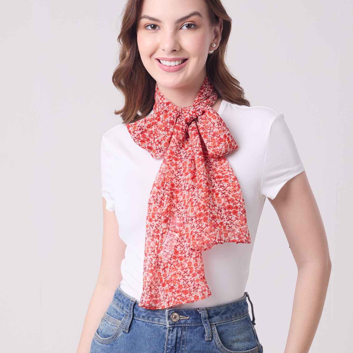 CHIFFON SILK LONG SCARF DITSY RED