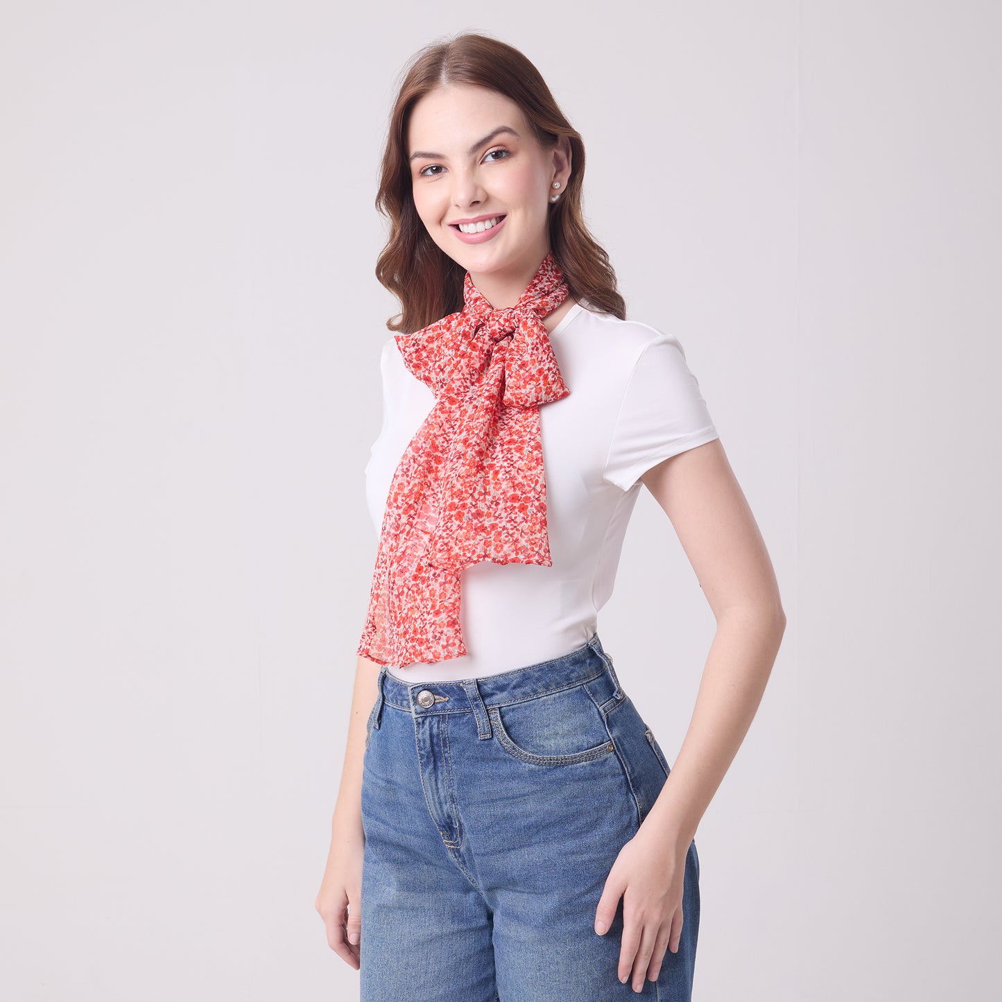 CHIFFON SILK LONG SCARF DITSY RED