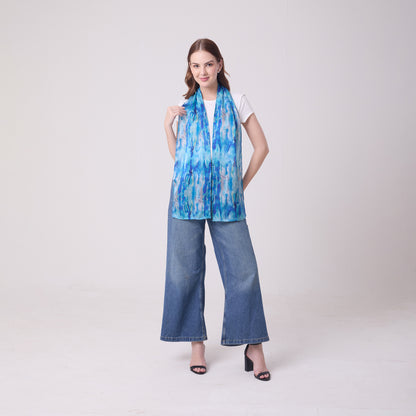 LONG HANDROLL HEMMED SCARF AQUA