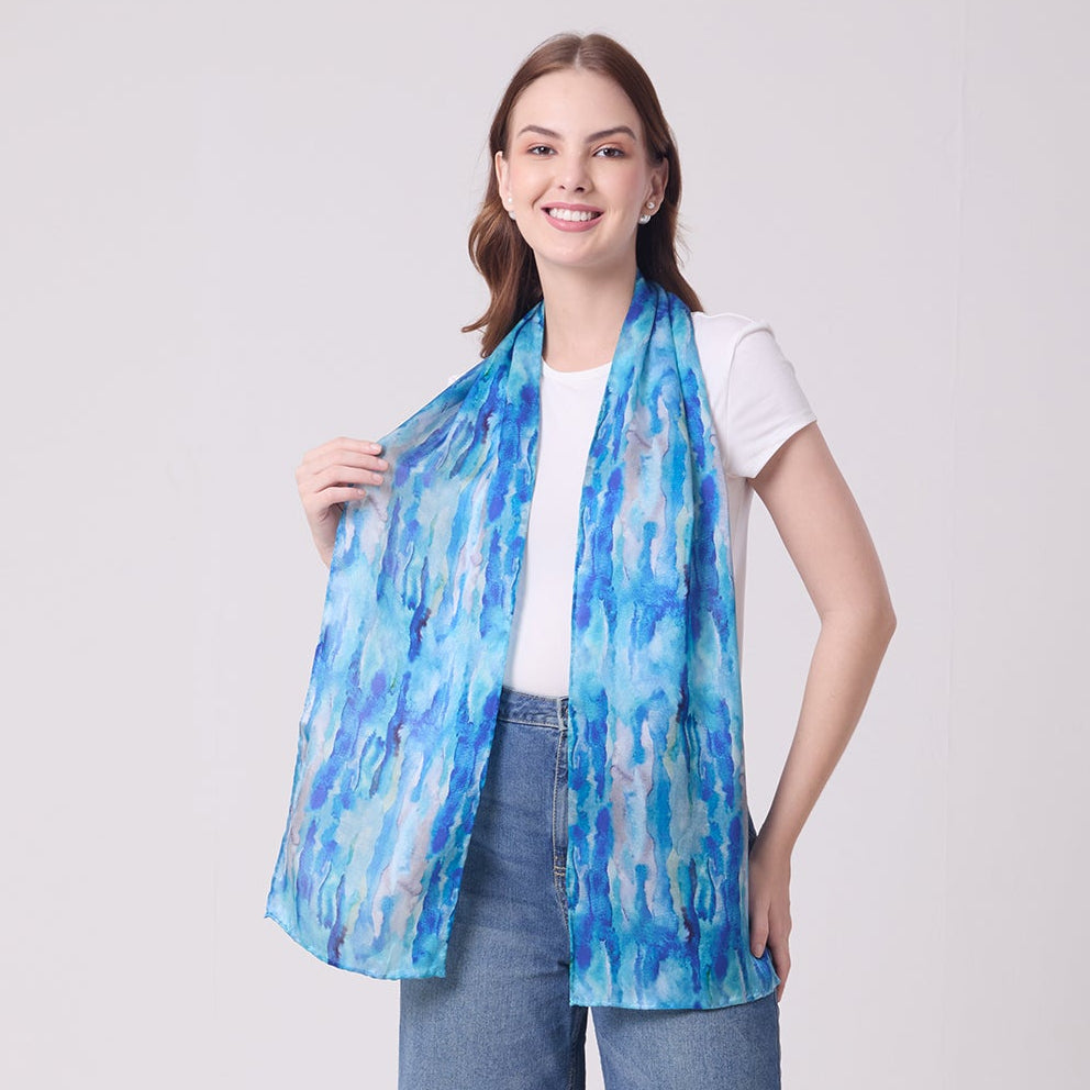 LONG HANDROLL HEMMED SCARF AQUA