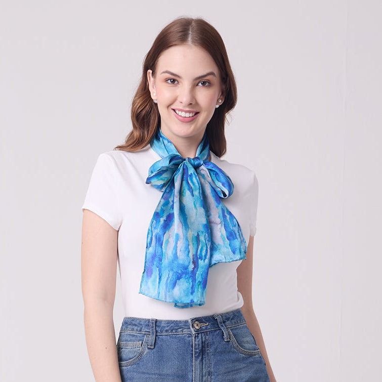 LONG HANDROLL HEMMED SCARF AQUA