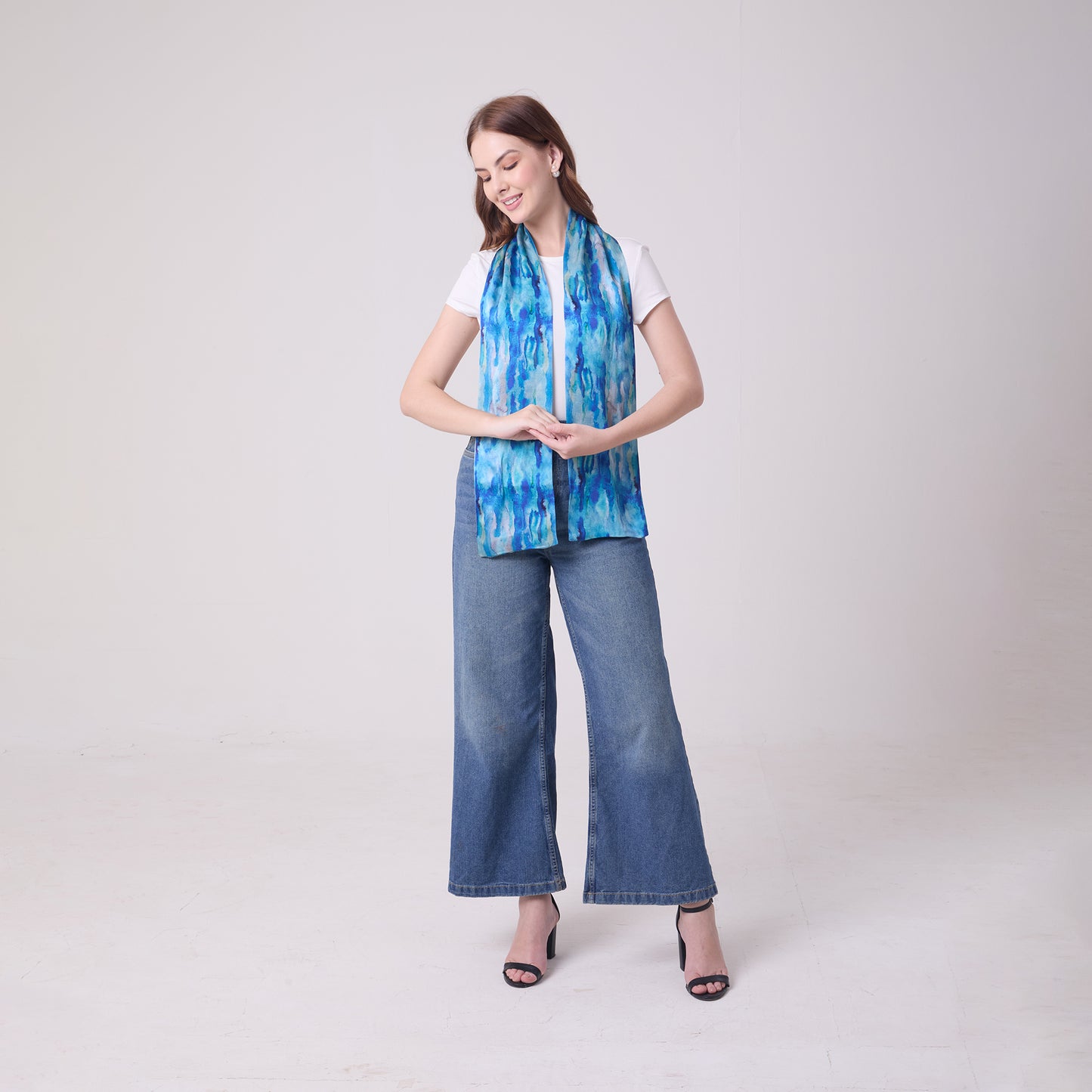 LONG DOUBLE SIDED SILK SCARF AQUA