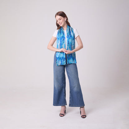LONG DOUBLE SIDED SILK SCARF AQUA