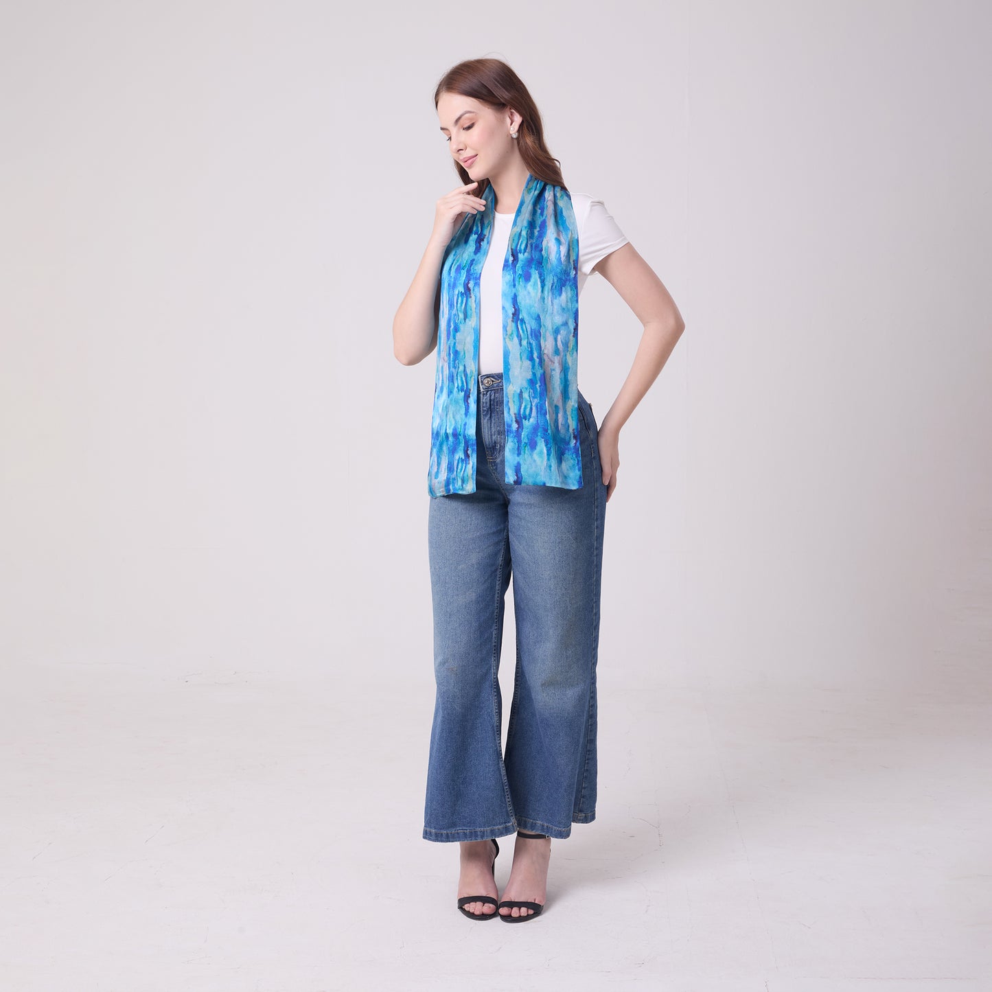 LONG DOUBLE SIDED SILK SCARF AQUA