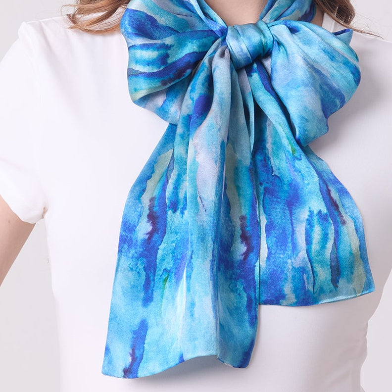 LONG DOUBLE SIDED SILK SCARF AQUA