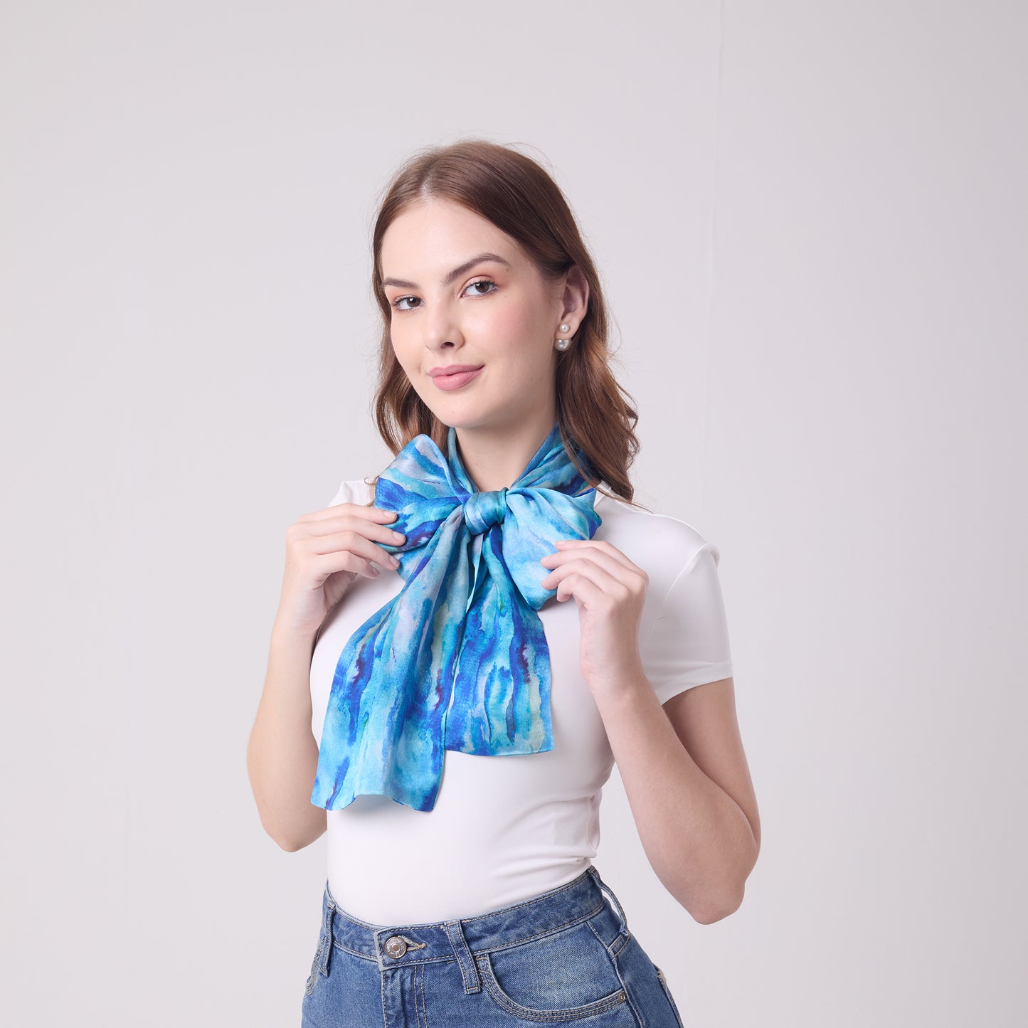 LONG DOUBLE SIDED SILK SCARF AQUA