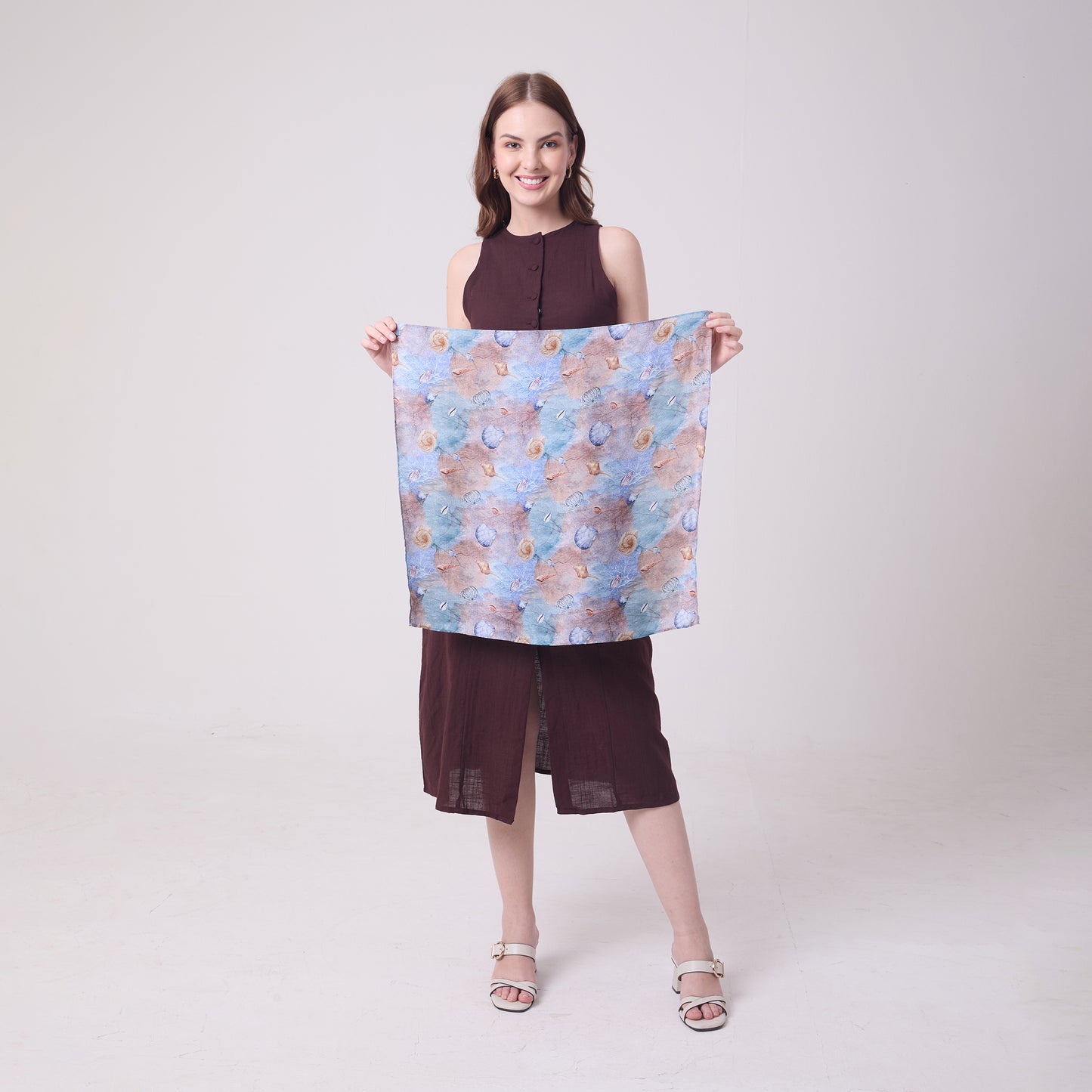SATIN SILK NECKERCHIEF CORALS AND SHELLS