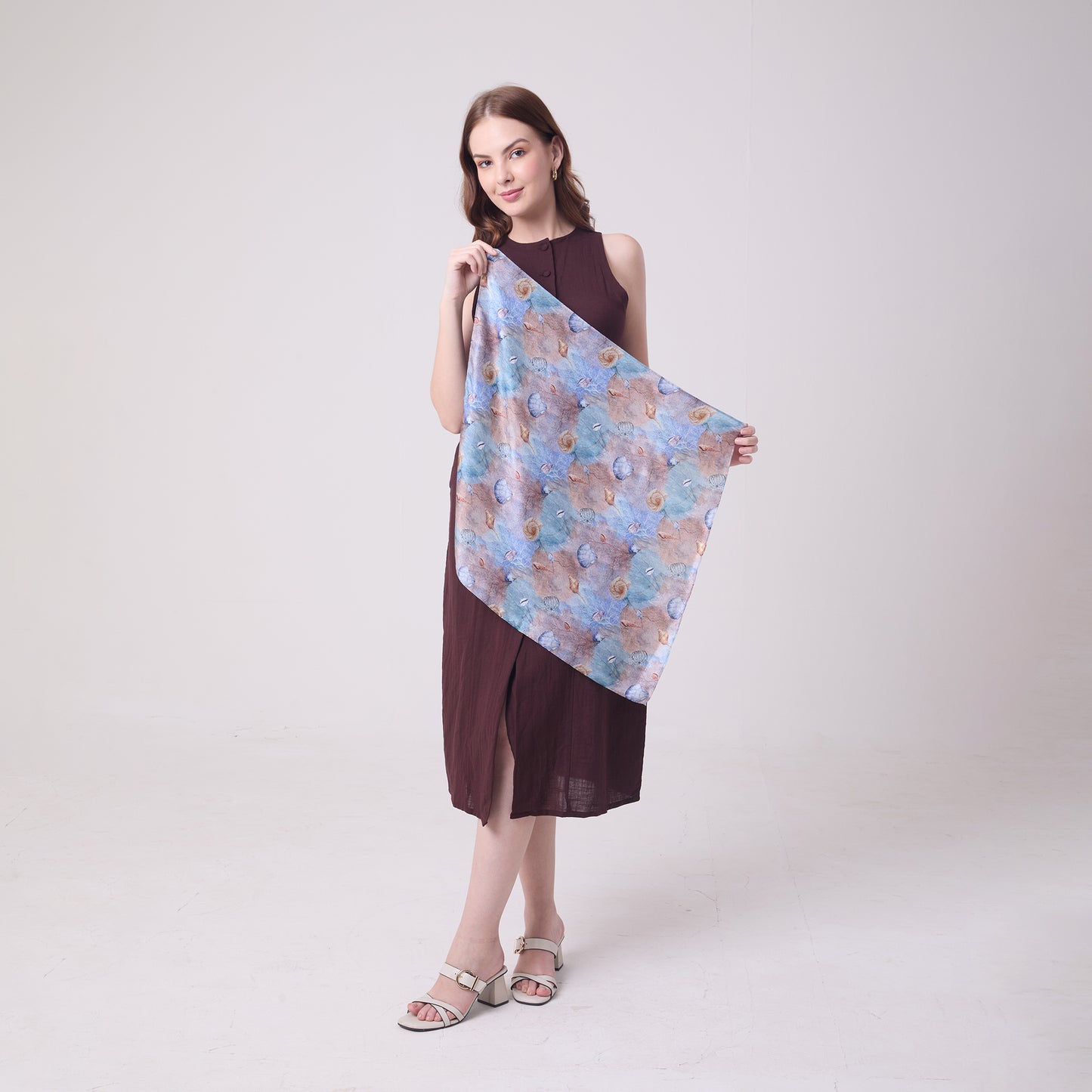 SATIN SILK NECKERCHIEF CORALS AND SHELLS