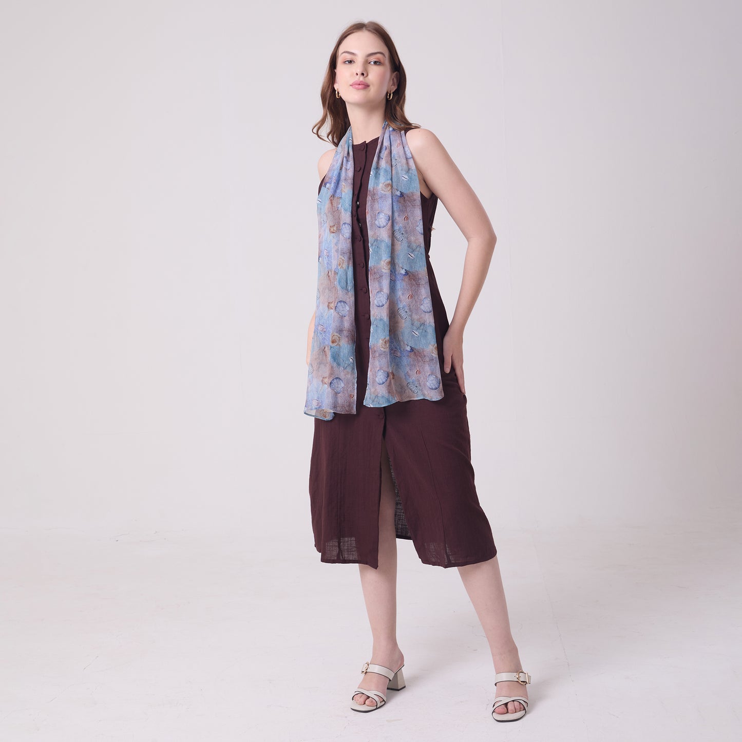 CHIFFON SILK LONG SCARF CORALS AND SHELLS