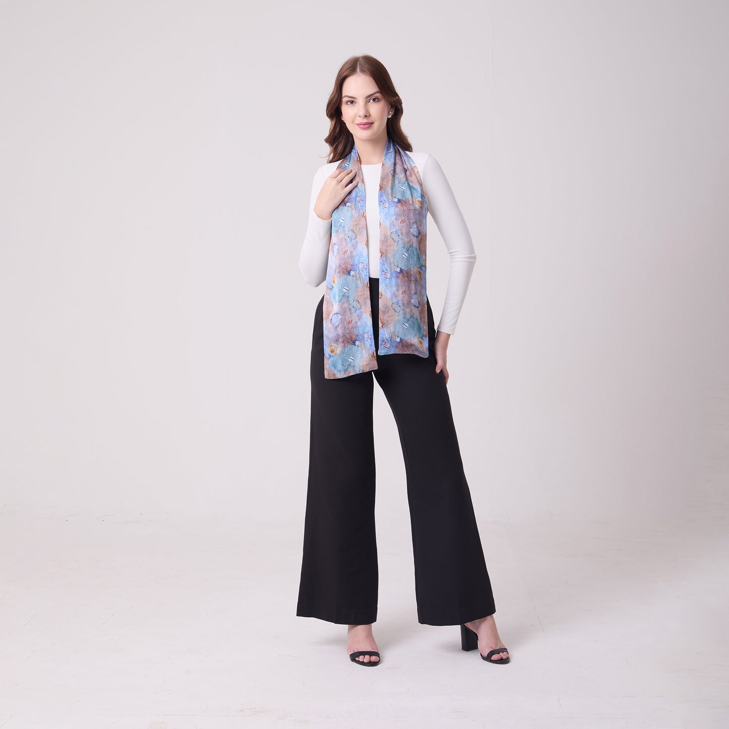 LONG DOUBLE SIDED SILK SCARF CORALS AND SHELLS