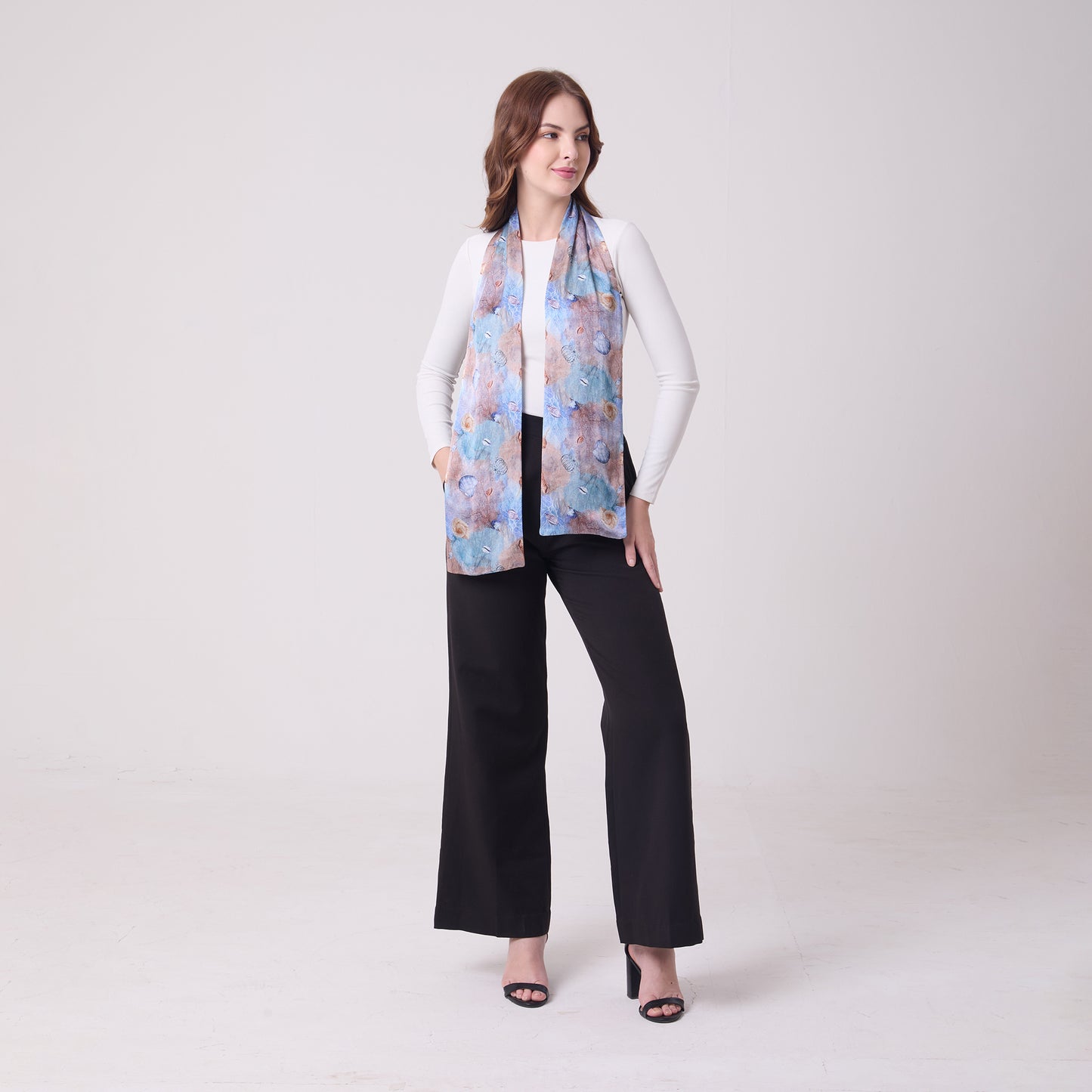 LONG DOUBLE SIDED SILK SCARF CORALS AND SHELLS