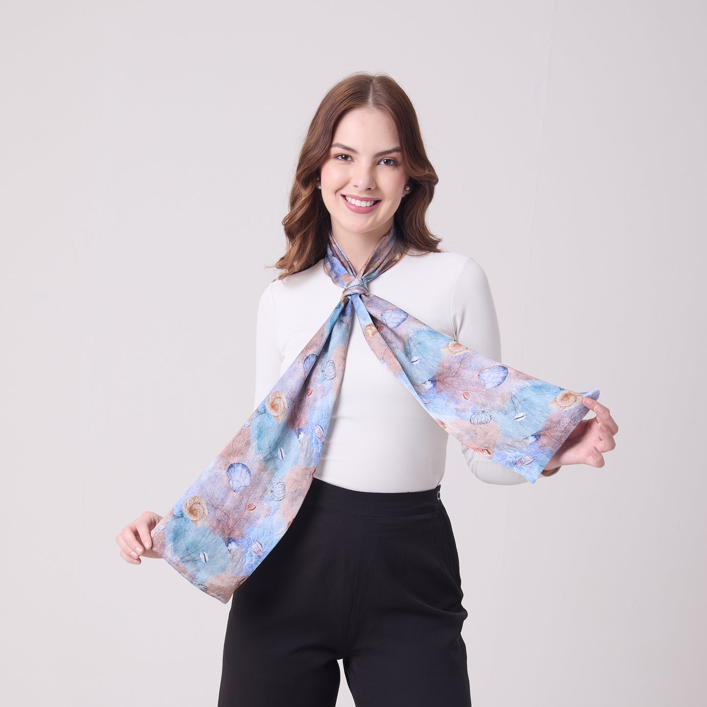 LONG DOUBLE SIDED SILK SCARF CORALS AND SHELLS