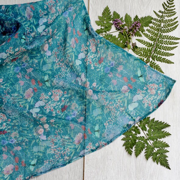Long Chiffon Silk Scarf Botanical Meadows