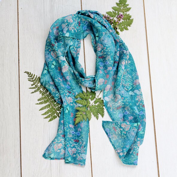Long Chiffon Silk Scarf Botanical Meadows