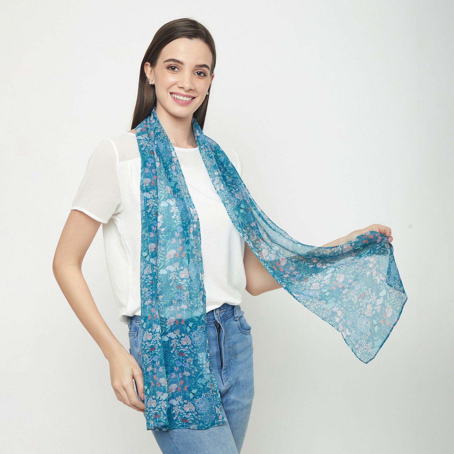 Long Chiffon Silk Scarf Botanical Meadows