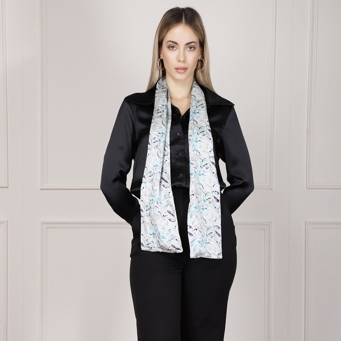 Long Double Sided Silk Scarf Leaves