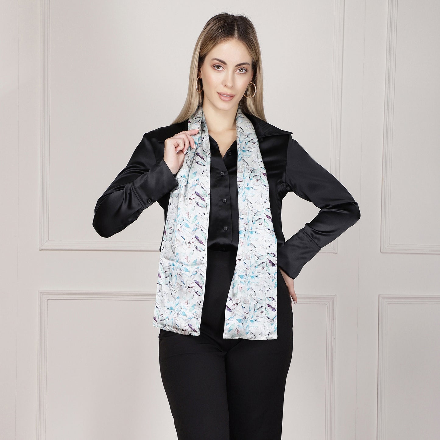 Long Double Sided Silk Scarf Leaves