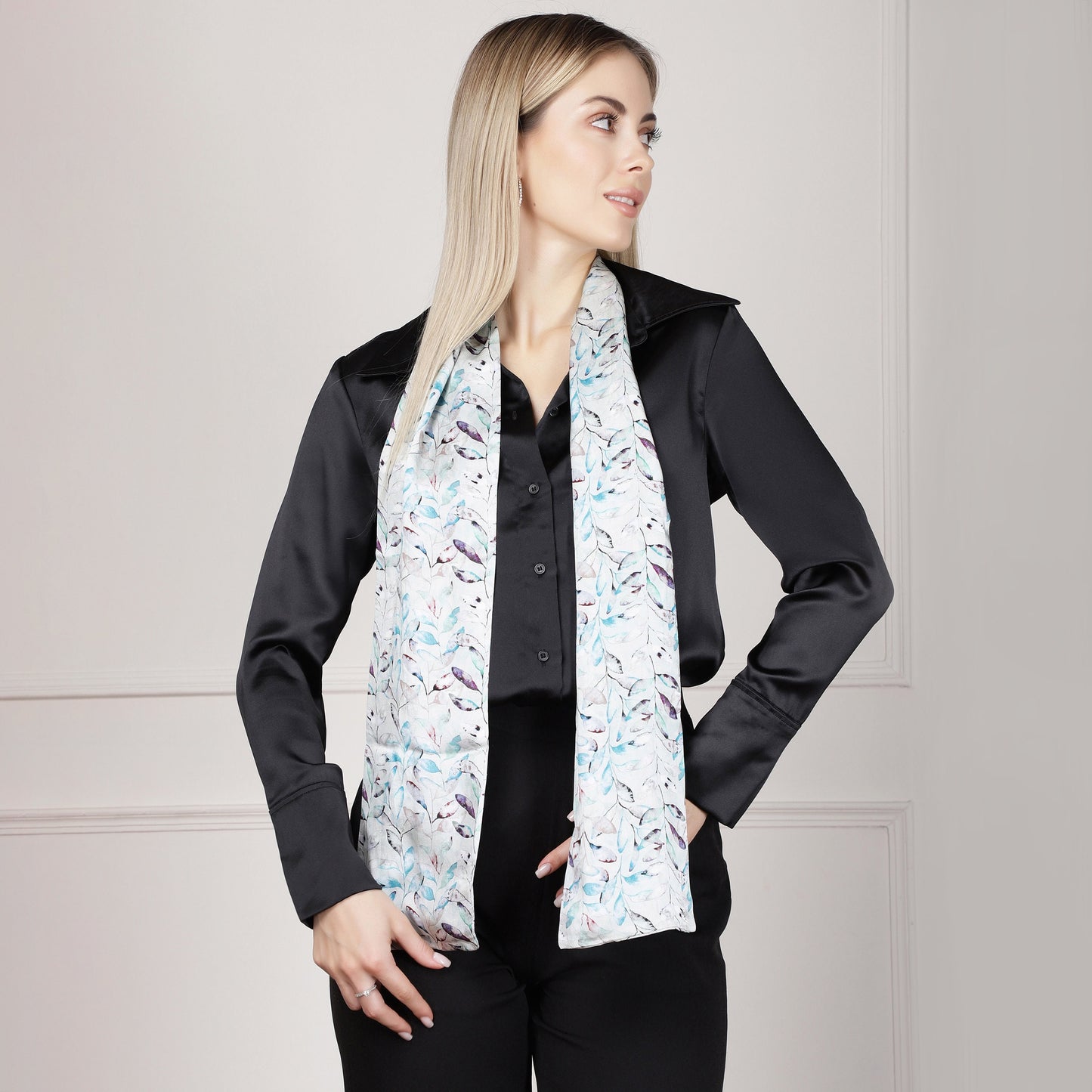 Long Double Sided Silk Scarf Leaves