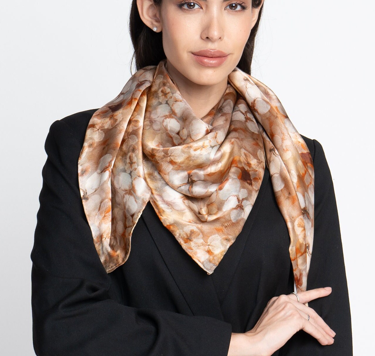 Hand Roll Hemmed Large Square Silk Scarf Hydrangeas