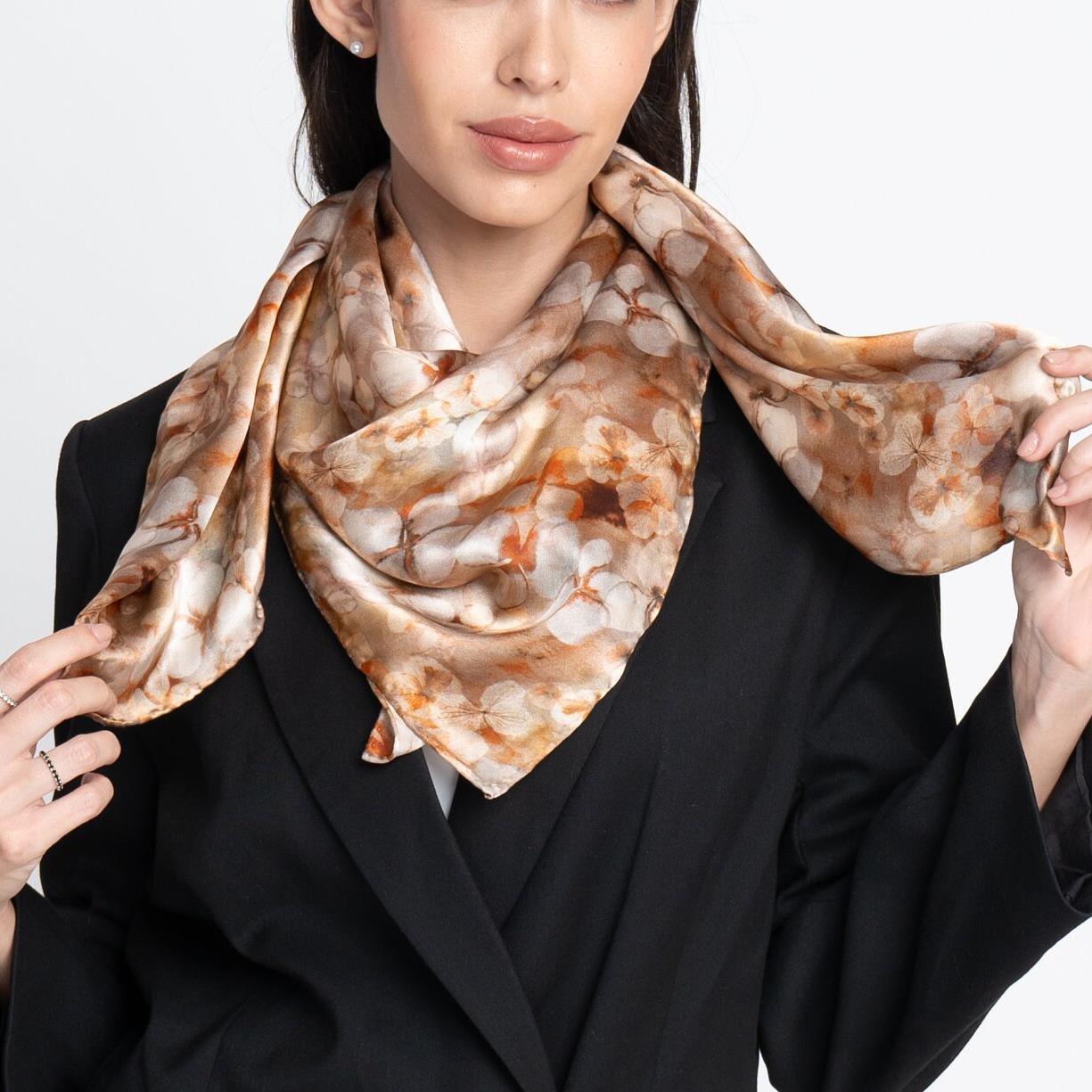 Hand Roll Hemmed Large Square Silk Scarf Hydrangeas
